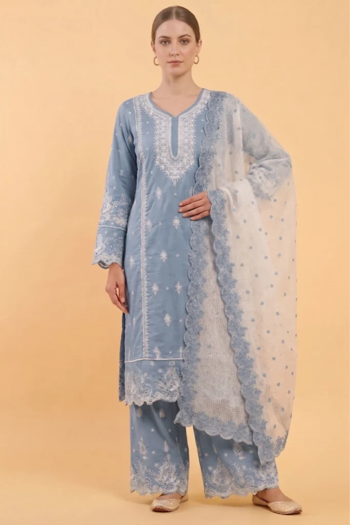 Blue Mull Cotton Chikankari Kurta Set