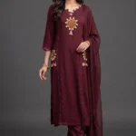 Full-length frontal view of model wearing the Rich Maroon Rayon Straight Kurta Set with the Cotton dupatta.