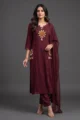 Full-length frontal view of model wearing the Rich Maroon Rayon Straight Kurta Set with the Cotton dupatta.
