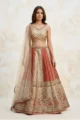 Ivory digital printed Chanderi lehenga with mirror work and beadwork fringe for bridesmaid sangeet look by Sysha.