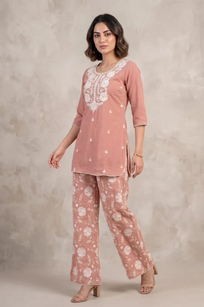 Peach Chikankari Co-ord Set