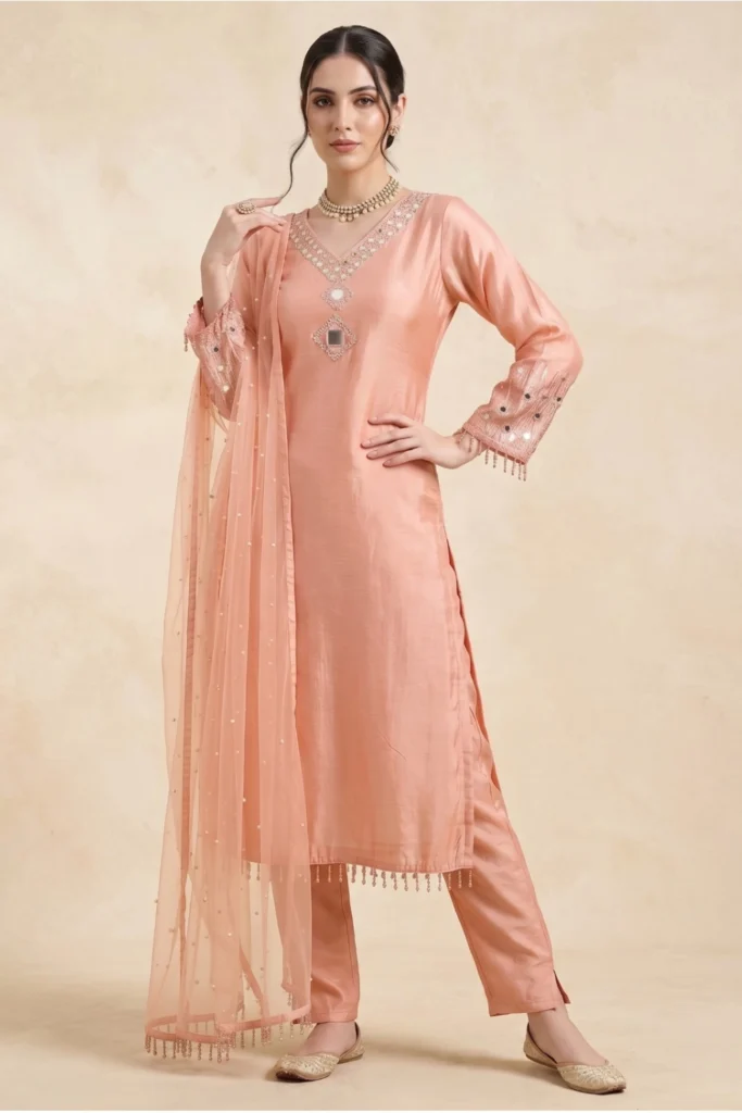 Peach Shimmer Mirror Work Suit Set