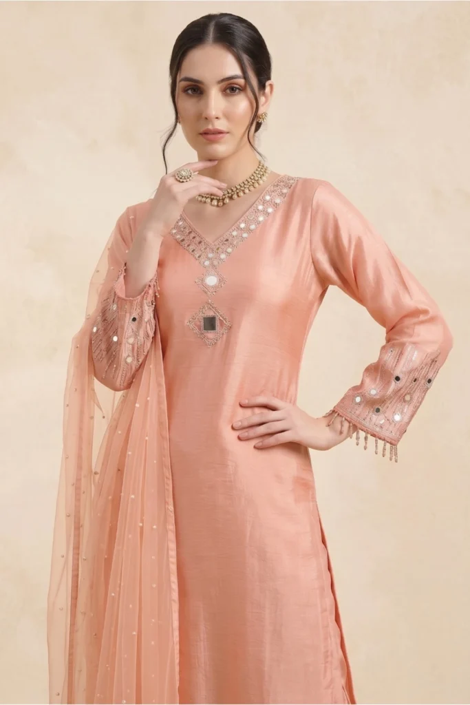 Peach Shimmer Mirror Work Suit Set