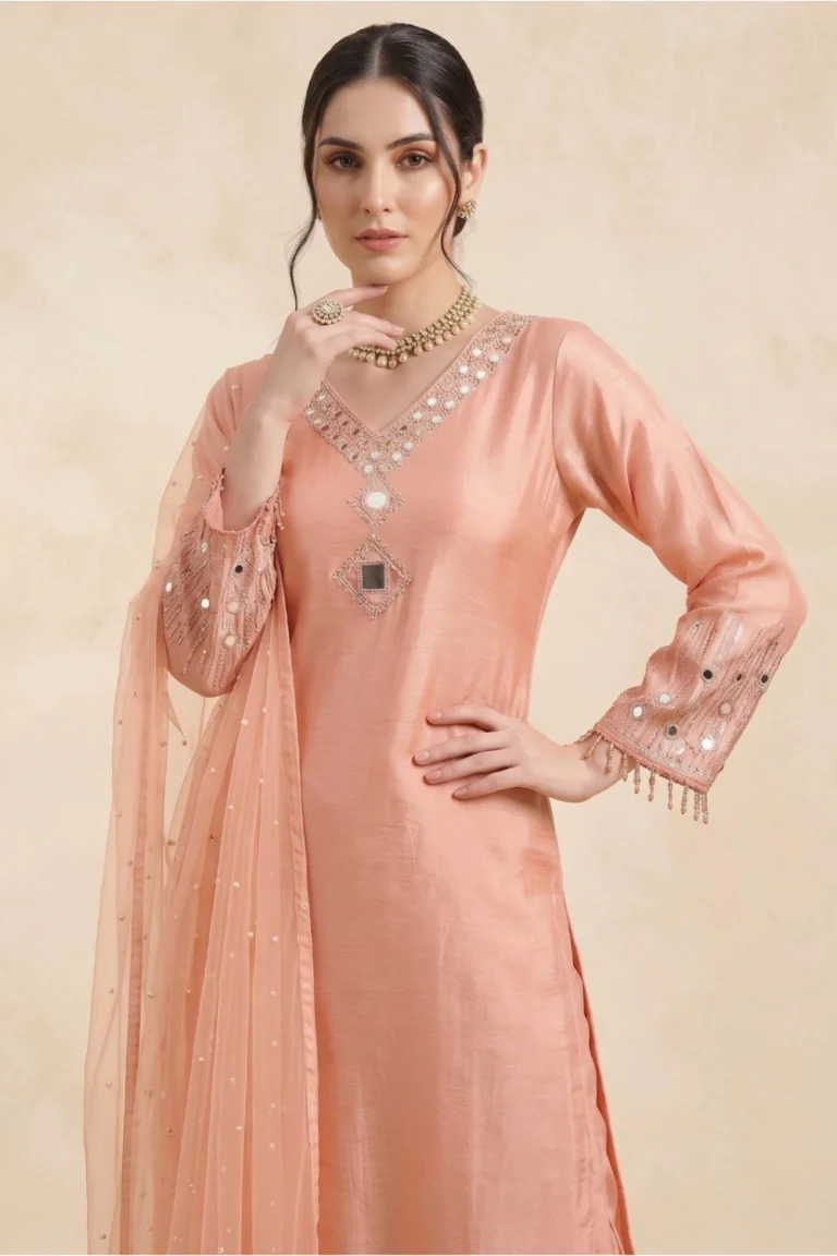 Peach Shimmer Mirror Work Suit Set