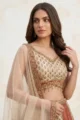 Ivory Printed Chanderi Lehenga with detail of mirror and beadwork fringe on blouse for wedding mehendi ceremony.
