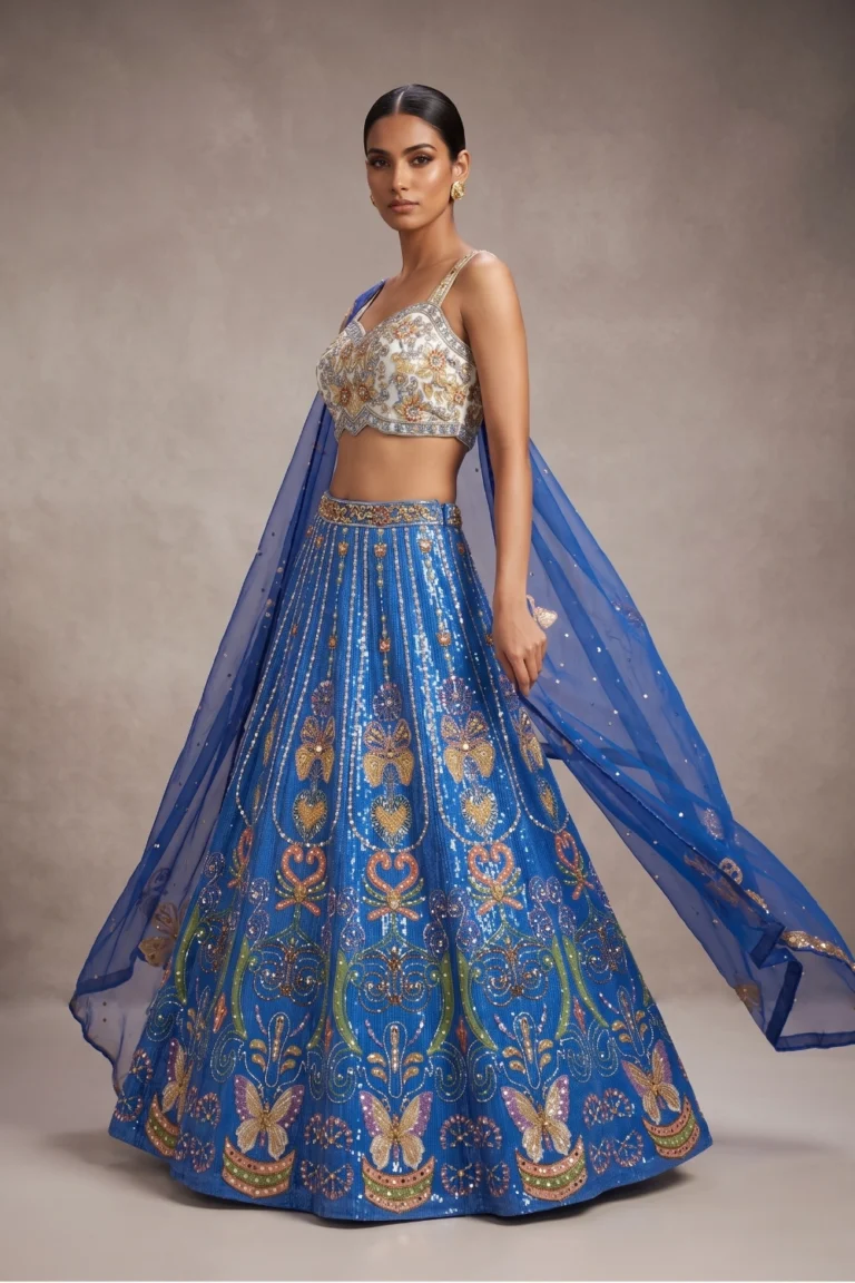Close-up of a blue ethnic lehenga set with heavy sequin detailing and a floral gold embroidered sweetheart neckline choli.