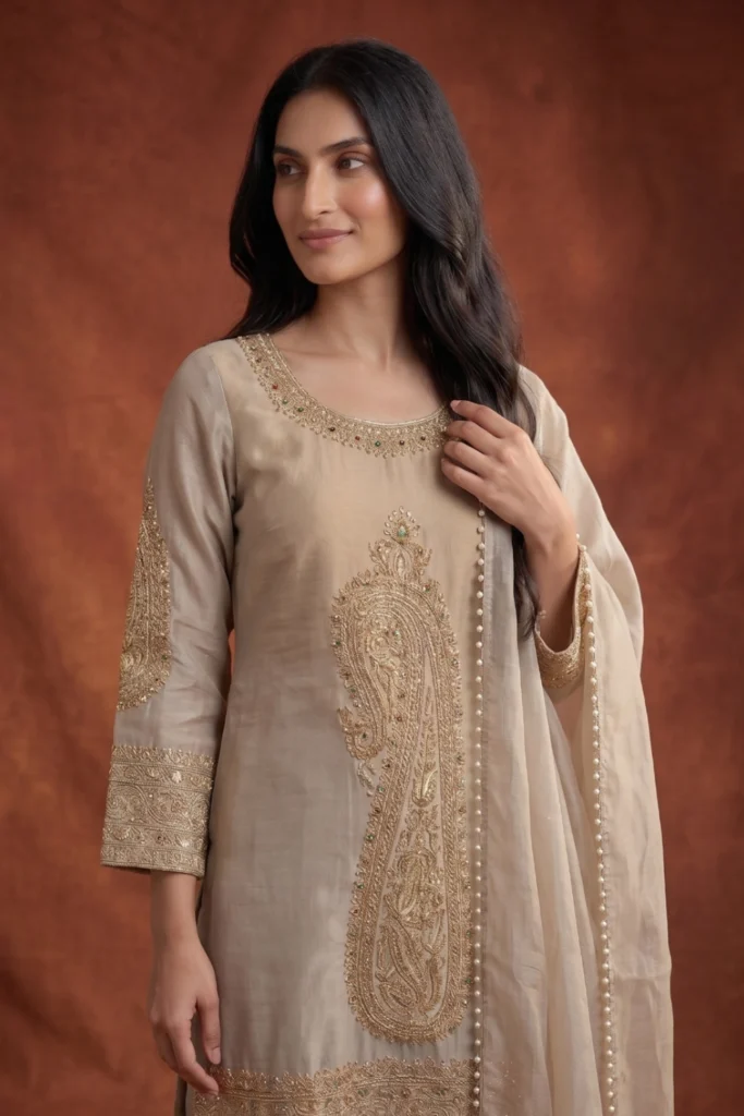 Detailed golden Zari work on Platinum Grey Kanjivaram Silk fabric.