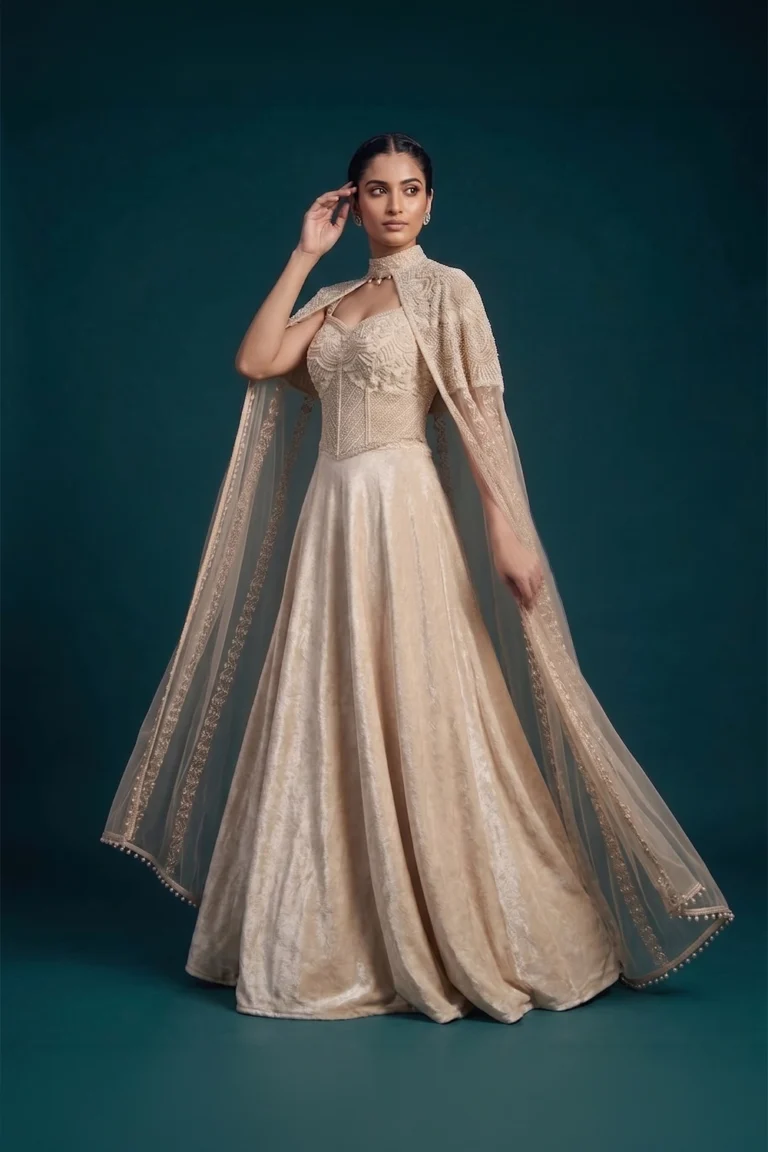 Ivory Chinon Lehenga with an intricately embroidered net cape and corset blouse