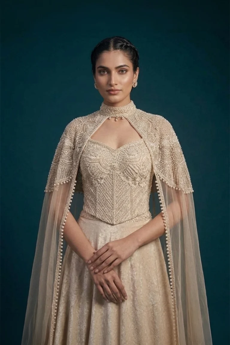 Exquisite Ivory Cape Lehenga Set in Chinon with Embellished Net Cape by Sysha