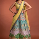 Designer 3-piece Indian ethnic lehenga set in Chanderi for wedding celebrations.