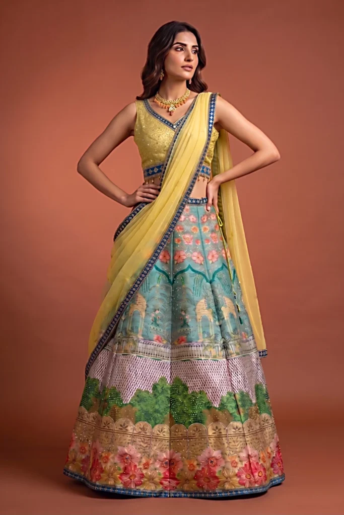 Designer 3-piece Indian ethnic lehenga set in Chanderi for wedding celebrations.