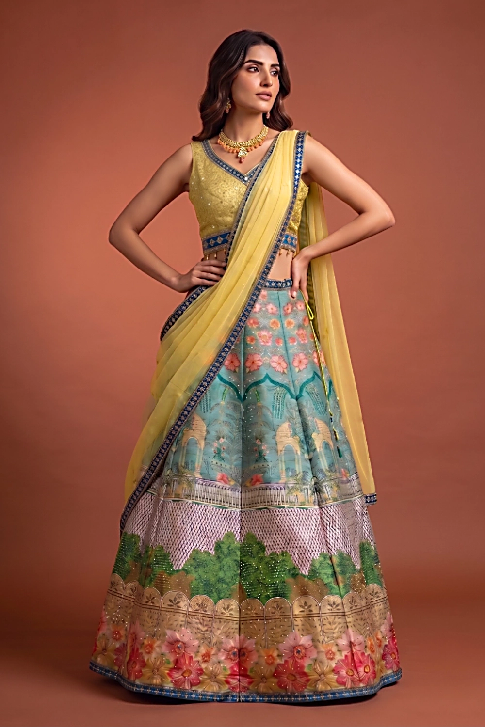 yellow-printed-chanderi-lehenga-choli-for-women copy Designer 3-piece Indian ethnic lehenga set in Chanderi for wedding celebrations.
