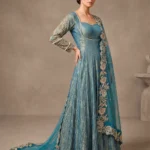 Teal Blue Crushed Tissue Anarkali