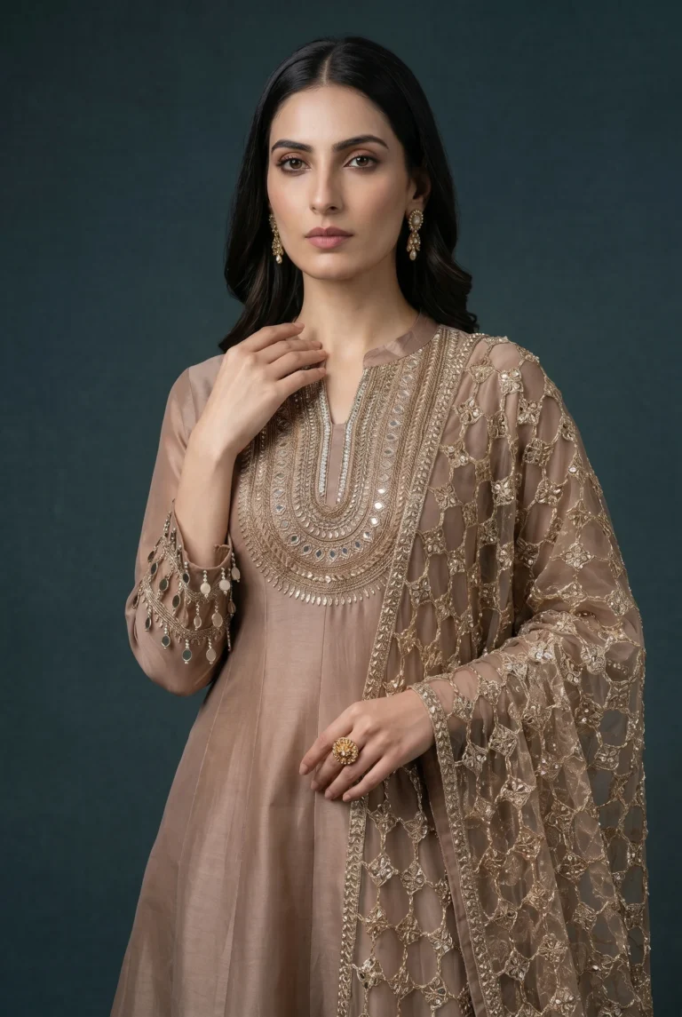 Close-up of the scalloped sleeves with decorative mirror hangings on the silk Anarkali