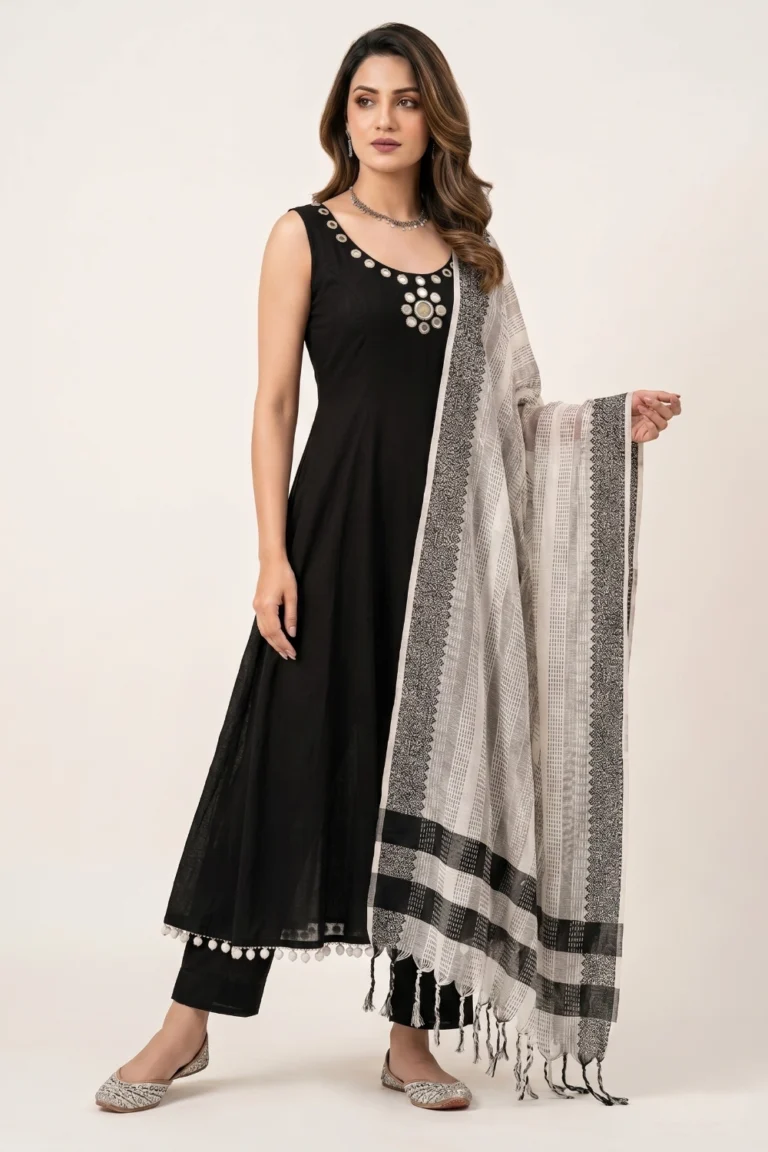 Black Cotton Anarkali Palazzo Set
