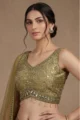 Olive Green Chanderi Printed Lehenga Set: 3 Piece Outfit - Image 2