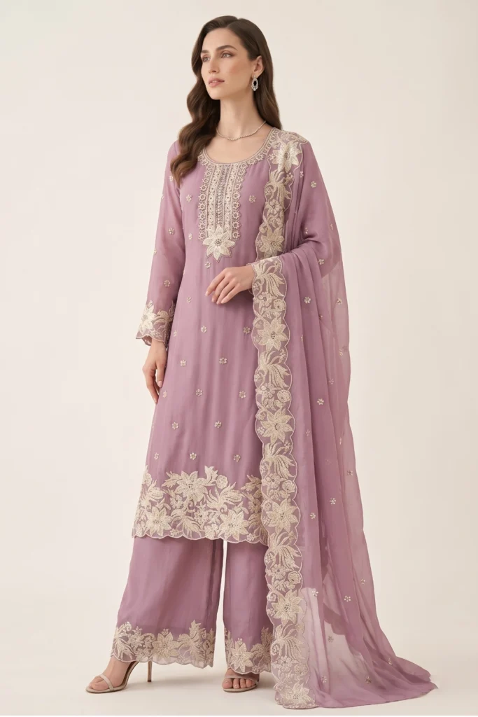 Lilac Mull Chanderi Embroidered Kurta Set