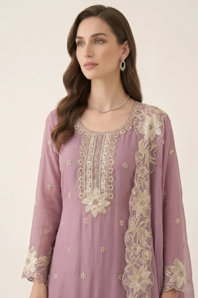 Lilac Mull Chanderi Embroidered Kurta Set