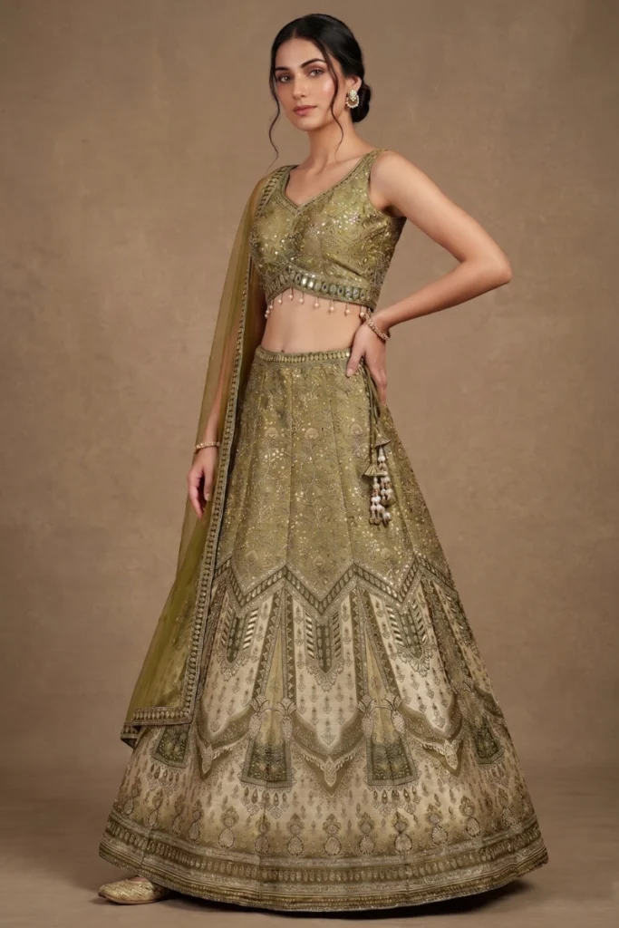 Olive Green Chanderi Printed Lehenga Set