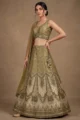Olive Green Chanderi Printed Lehenga Set