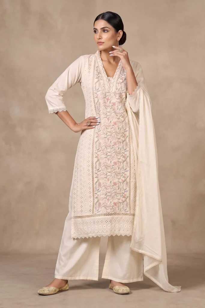 Ivory Cotton Embroidered Palazzo Set