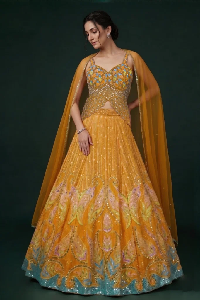 Yellow Printed Georgette Embellished Lehenga Set