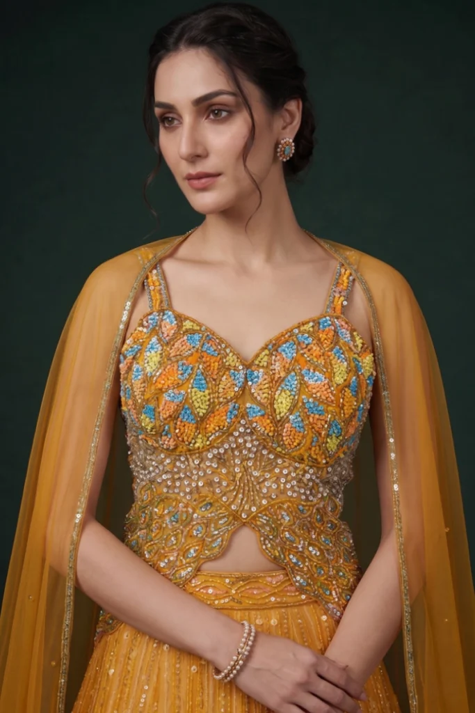 Close-up of the printed patterns and sequin trails on the yellow georgette lehenga skirt.