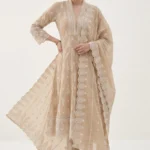 Beige Mull Cotton Embroidered Anarkali Set