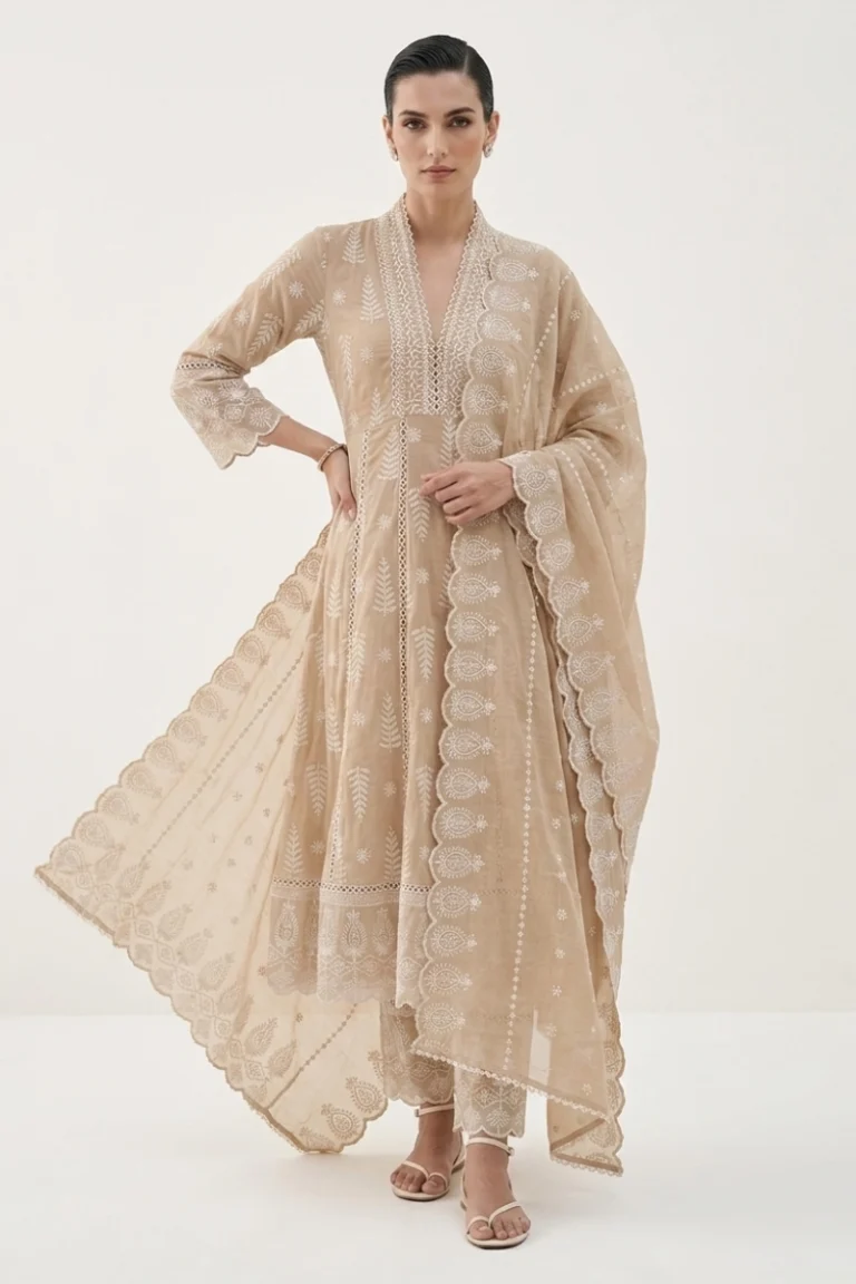 Beige Mull Cotton Embroidered Anarkali Set
