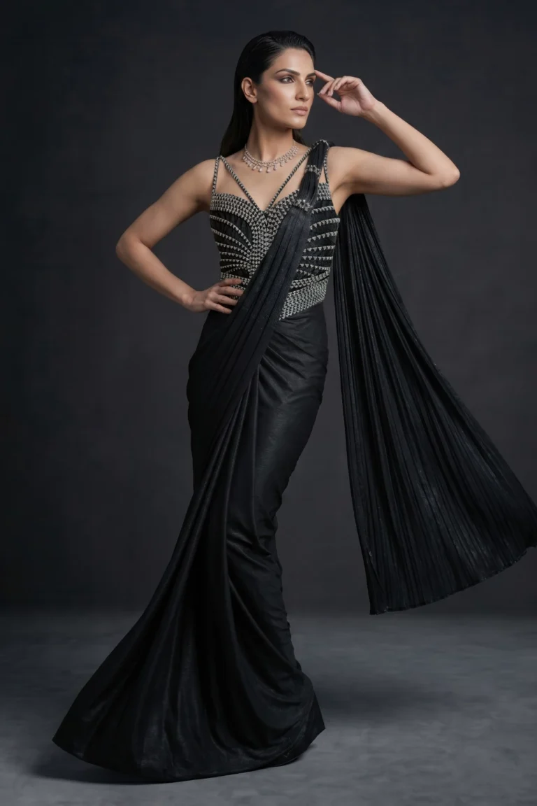 Black Silk Pre-Drape Corset Saree Set