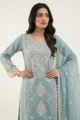 Exquisite Sky-Blue Mull Cotton Embroidered Kurta Set 3 Piece Breathtaking Outfit by SYSHA