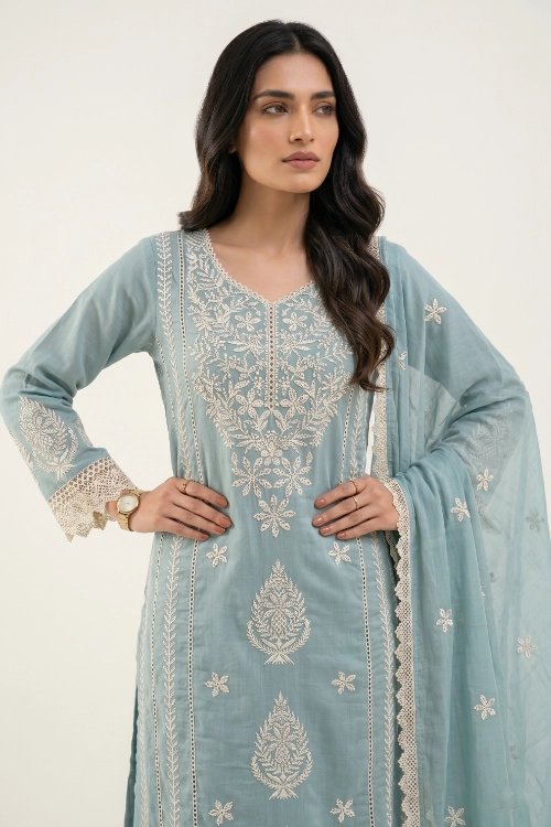 Exquisite Sky-Blue Mull Cotton Embroidered Kurta Set 3 Piece Breathtaking Outfit by SYSHA