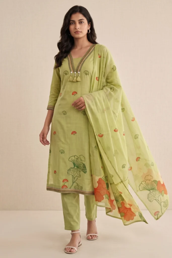 Olive Printed Mull Cotton Kurta Set