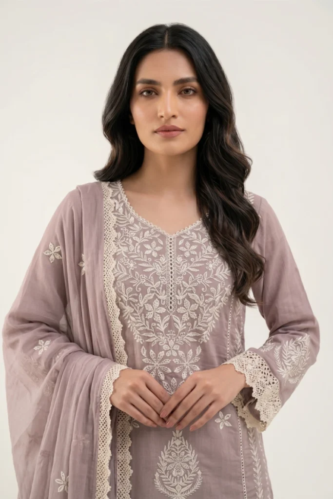 Stunning Lavender Mull Cotton Embroidered Kurta Set 3 Piece Breathtaking Outfit by SYSHA.