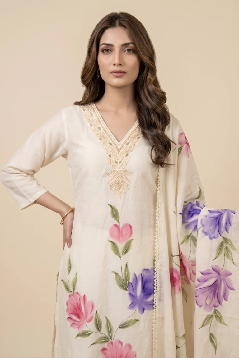Close-up view of the delicate gold lace embroidery on the V-neckline of the white mull cotton kurta.