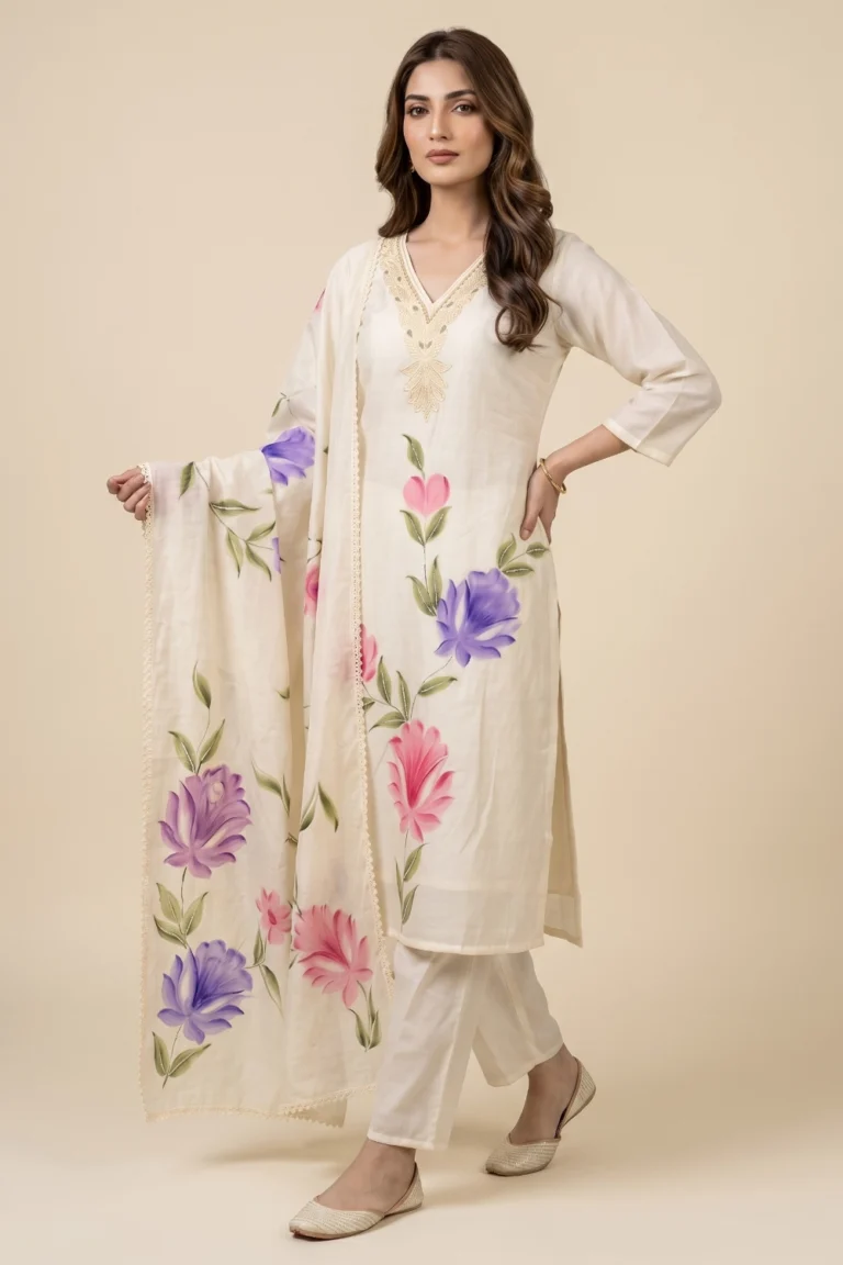 White Mull Cotton Printed Kurta Set