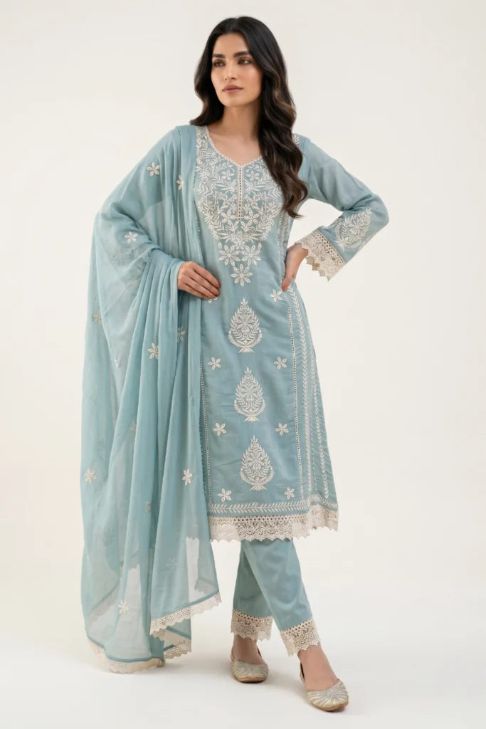 Sky Blue Mull Cotton Embroidered Kurta Set