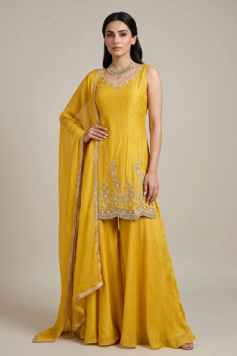 Yellow Chinon Embroidered Sharara Set
