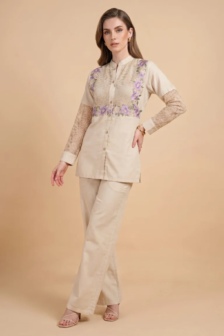 Beige Muslin Embroidered Co-ord Set