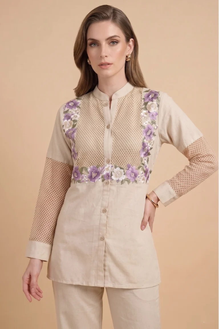 Charming Beige Muslin Embroidered Tunic Set 2 Piece Breathtaking Luxury Co-ord Outfit by SYSHA