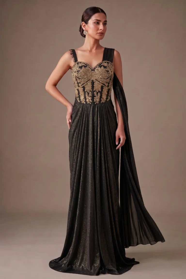 Metallic Black Lycra Draped Gown