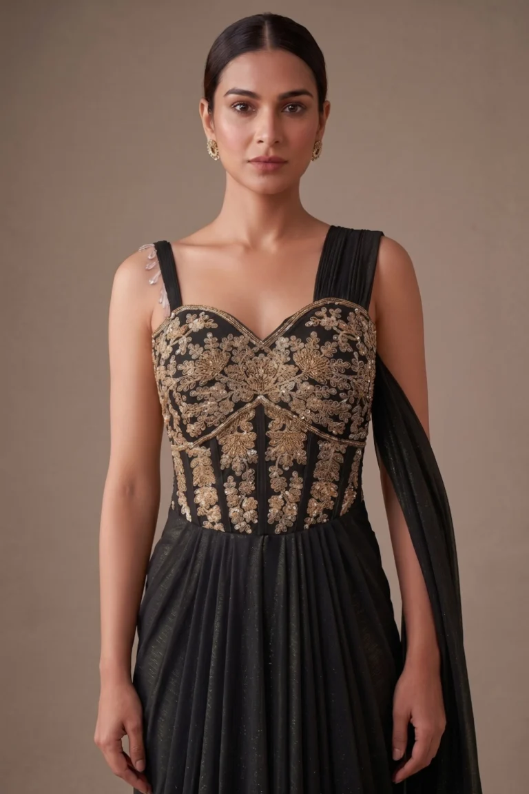Close-up view of the dense gold sequin embroidery and structural boning lines on the sweetheart neckline corset bodice.