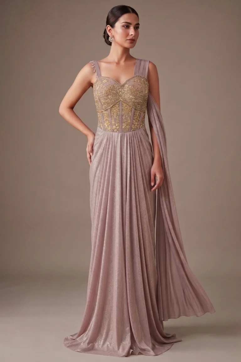 Metallic Mauve Pink Lycra Draped Gown