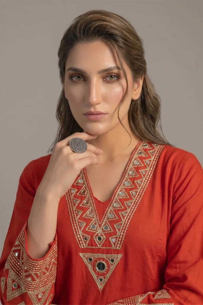 Red Rayon Embroidered Co-ord Set with Ethnic Neckline Work by SYSHA