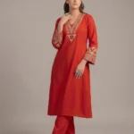 Red Rayon Embroidered Co-ord Set with Ethnic Neckline Work by SYSHA
