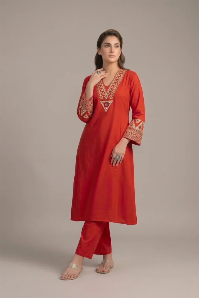 Red Rayon Embroidered Co-ord Set with Ethnic Neckline Work by SYSHA
