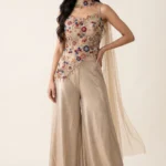 Beige Embellished Asymmetric Palazzo Set