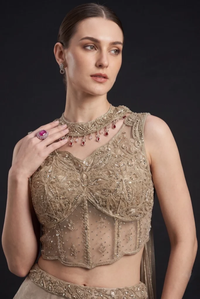 Beige Embellished Organza Lehenga Set