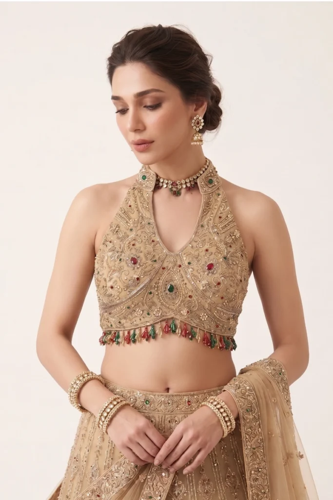 Beige Halter Neck Lehenga Set