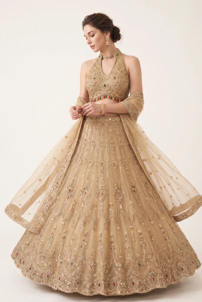 Beige Net Embellished Lehenga Set
